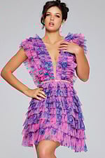 Model wearing Jovani 50069 fuchsia ruffled dress close-up front view