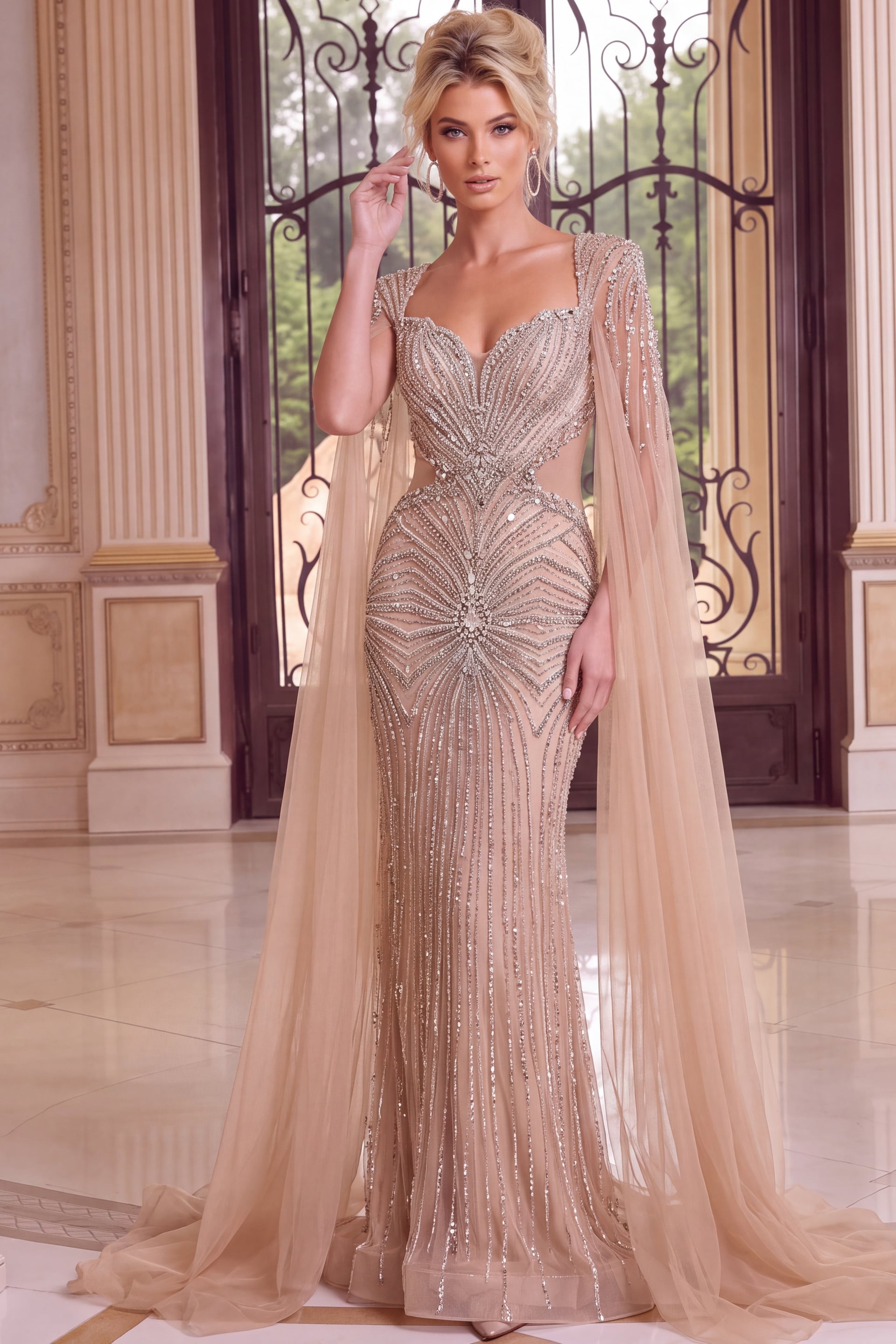 Elegant nude champagne formal dress featuring intricate rhinestone embellishments, illusion sleeves, waist cutouts, and a floor-length skirt.