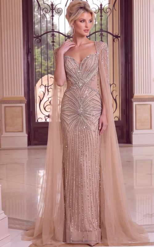mermaid evening gown with crystal beaded detailing, sheer long cape sleeves, sweetheart neckline, and fitted silhouette.