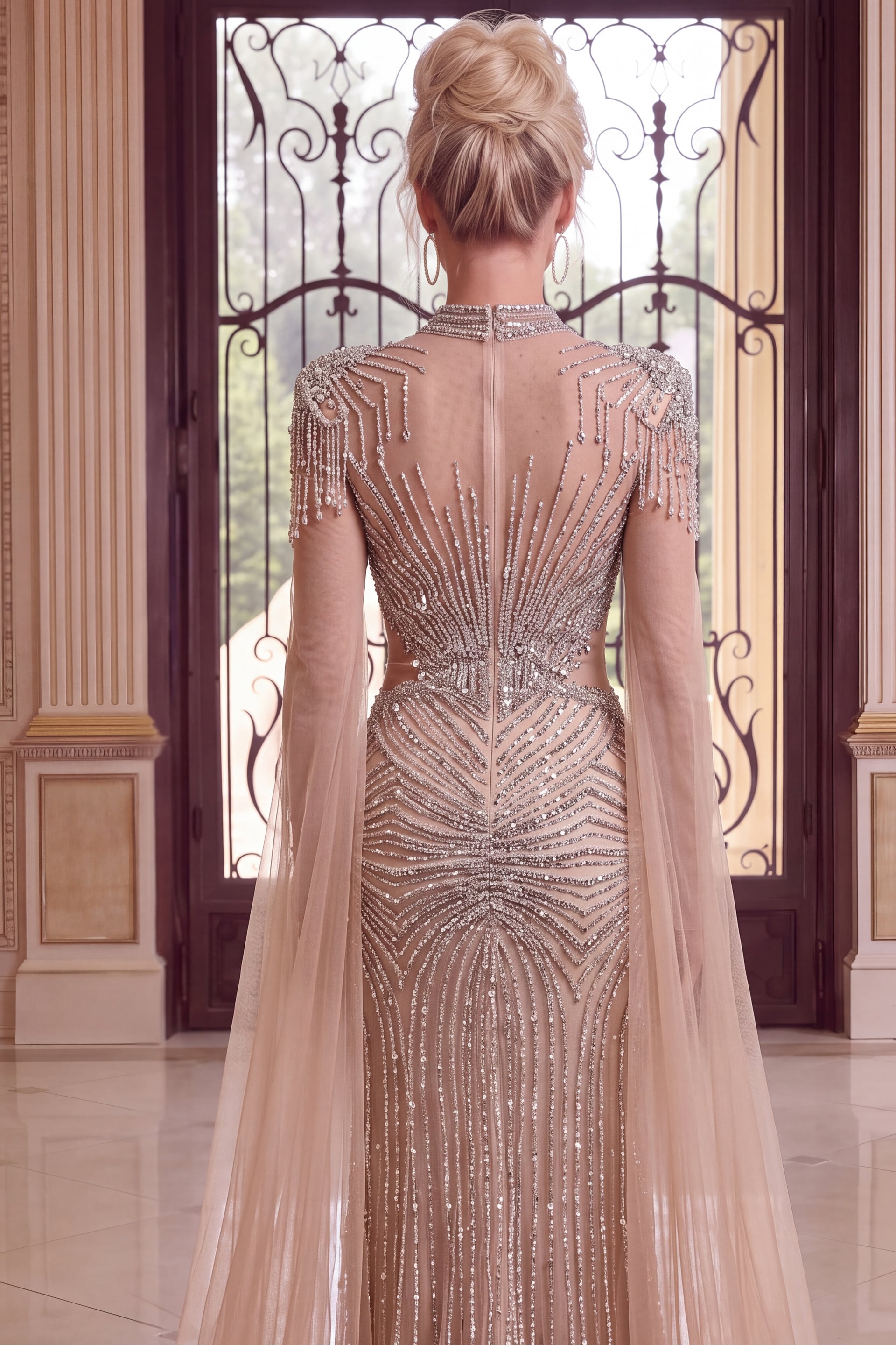back of beaded cape dress 50201
