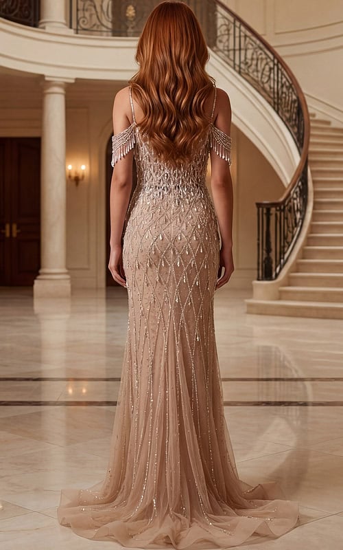 Fitted evening dress with beaded details and flowing skirt