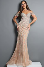 embellished gown with beaded draped sleeves