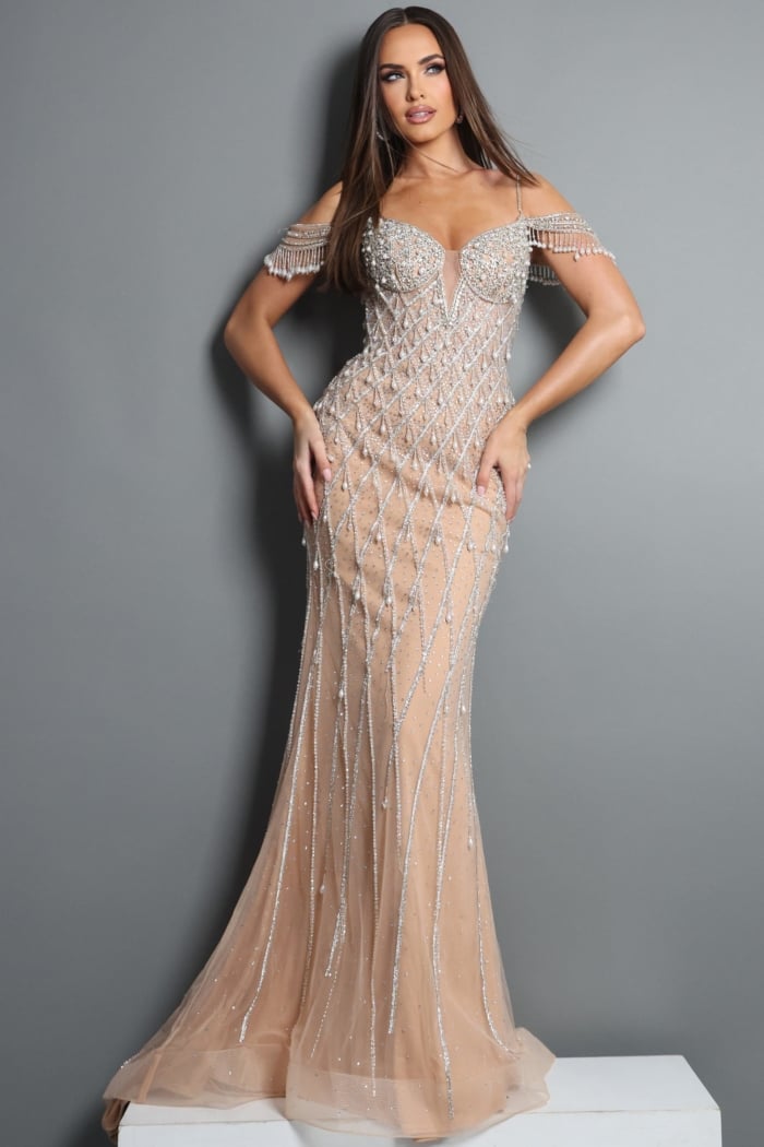 embellished gown with beaded draped sleeves
