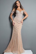 embellished gown with beaded draped sleeves