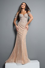 embellished gown with beaded draped sleeves