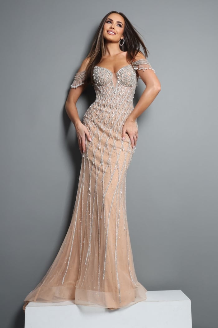 embellished gown with beaded draped sleeves