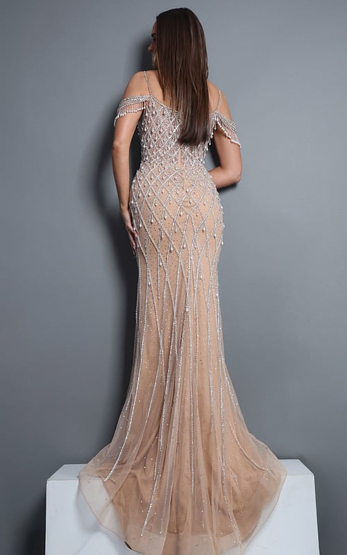 embellished gown with beaded draped sleeves