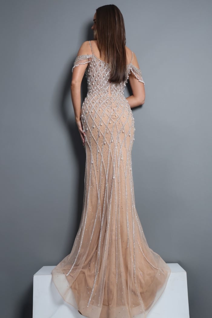 embellished gown with beaded draped sleeves