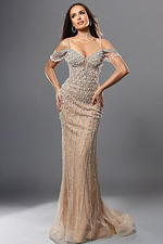 embellished gown with beaded draped sleeves