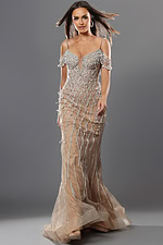 embellished gown with beaded draped sleeves
