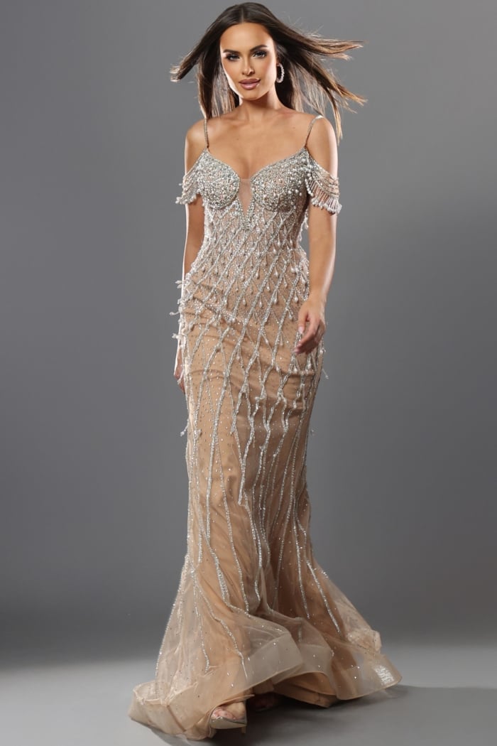embellished gown with beaded draped sleeves