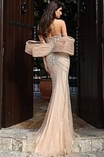 Jovani 47830 black strapless mini dress back view featuring oversized bow detail at the waist with dramatic floor length satin train