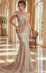 one shoulder beaded prom dress front view with mermaid silhouette and high slit