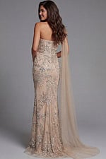 Nude one shoulder evening gown with sculpted ruffle detail