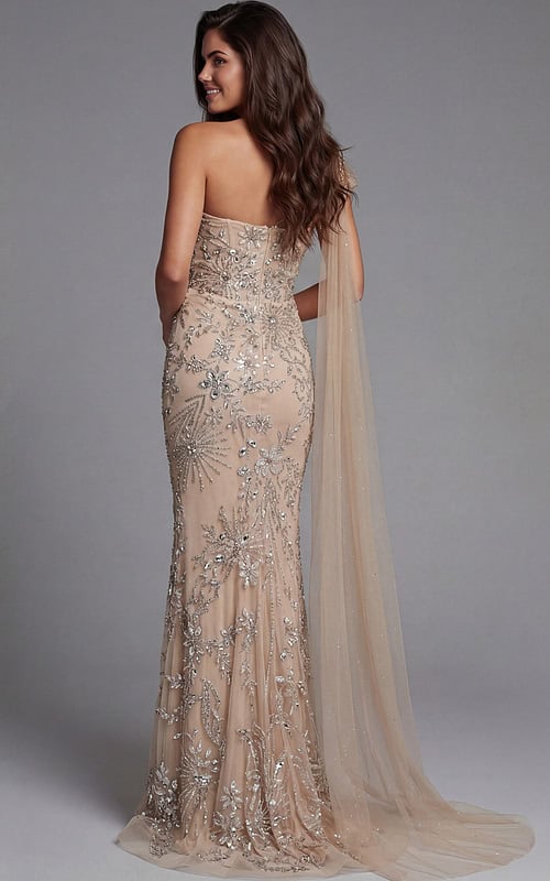 Nude one shoulder evening gown with sculpted ruffle detail