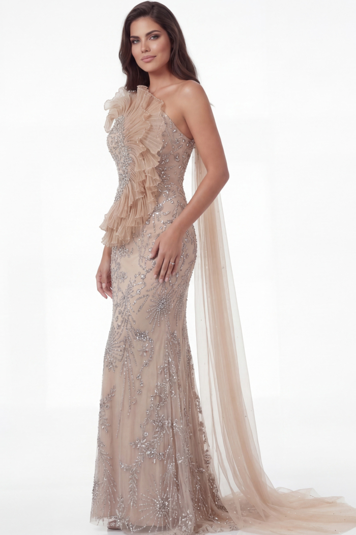 Sophisticated one shoulder evening dress with sculptural ruffle