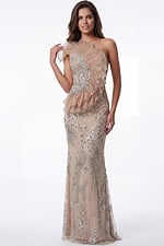 Embellished nude gown with sheer draped cape detail