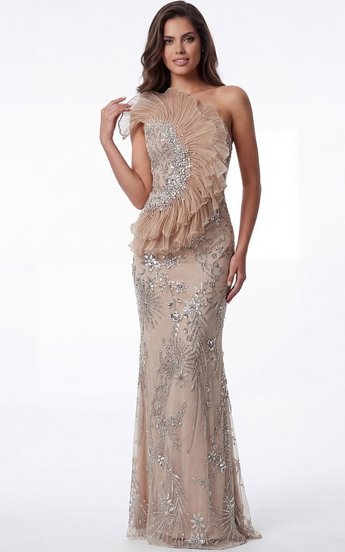 Embellished nude gown with sheer draped cape detail
