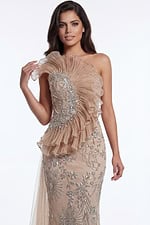 Embellished nude mermaid gown with pleated ruffle bodice