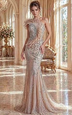 elegant evening gown with crystal embellishments and fitted flared design