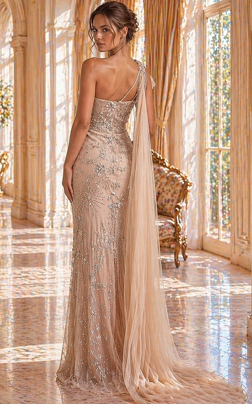 back view of beaded prom dress with low open back and fitted shape
