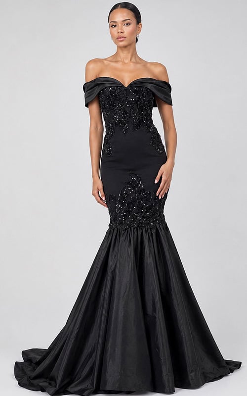 black off shoulder mermaid evening gown with sequin leaf appliquรฉ bodice and taffeta trumpet skirt