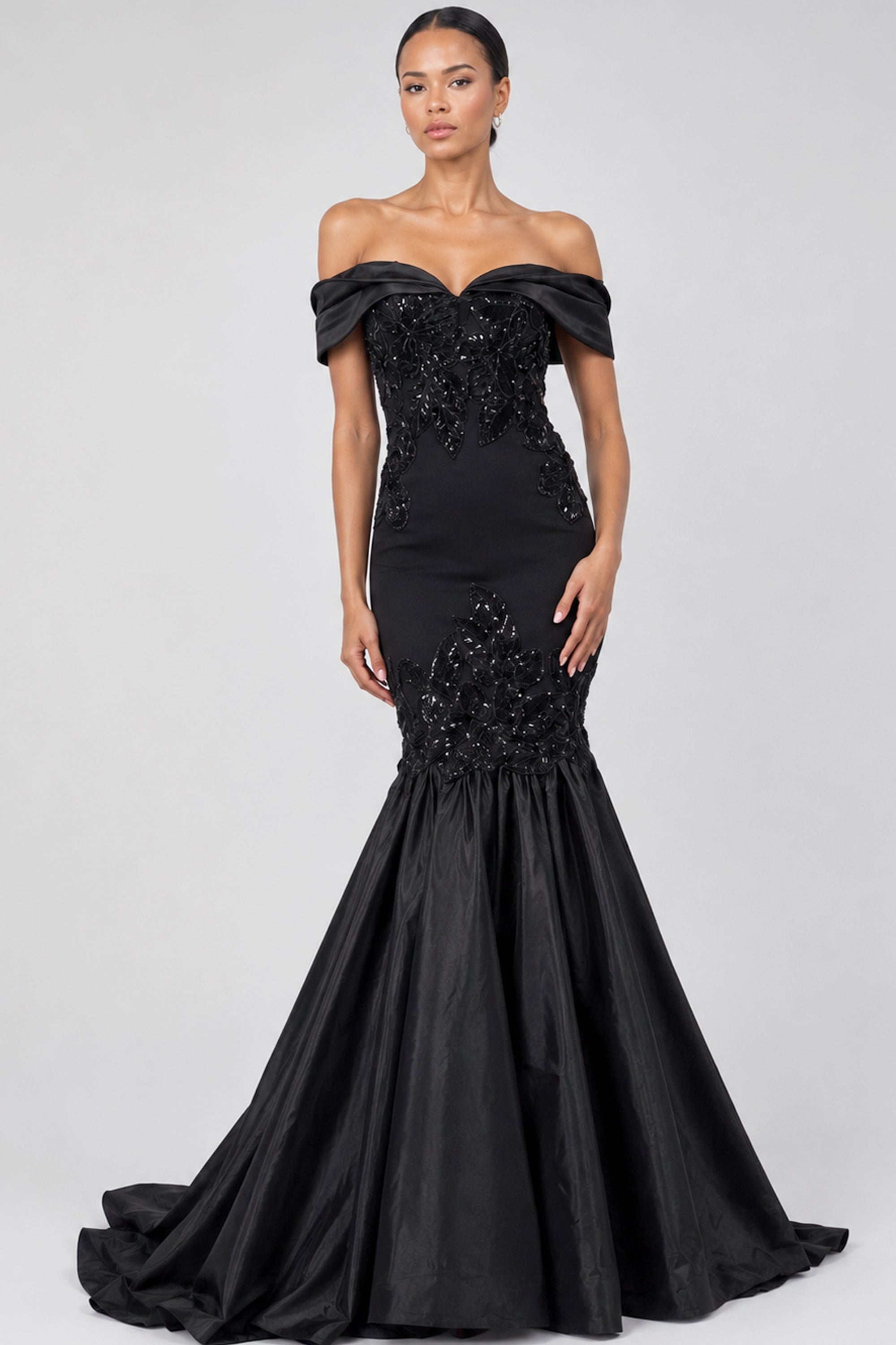 black off shoulder mermaid evening gown with sequin leaf appliqué bodice and taffeta trumpet skirt