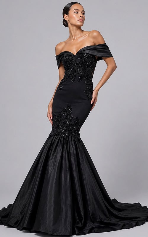 black off shoulder mermaid evening gown side view