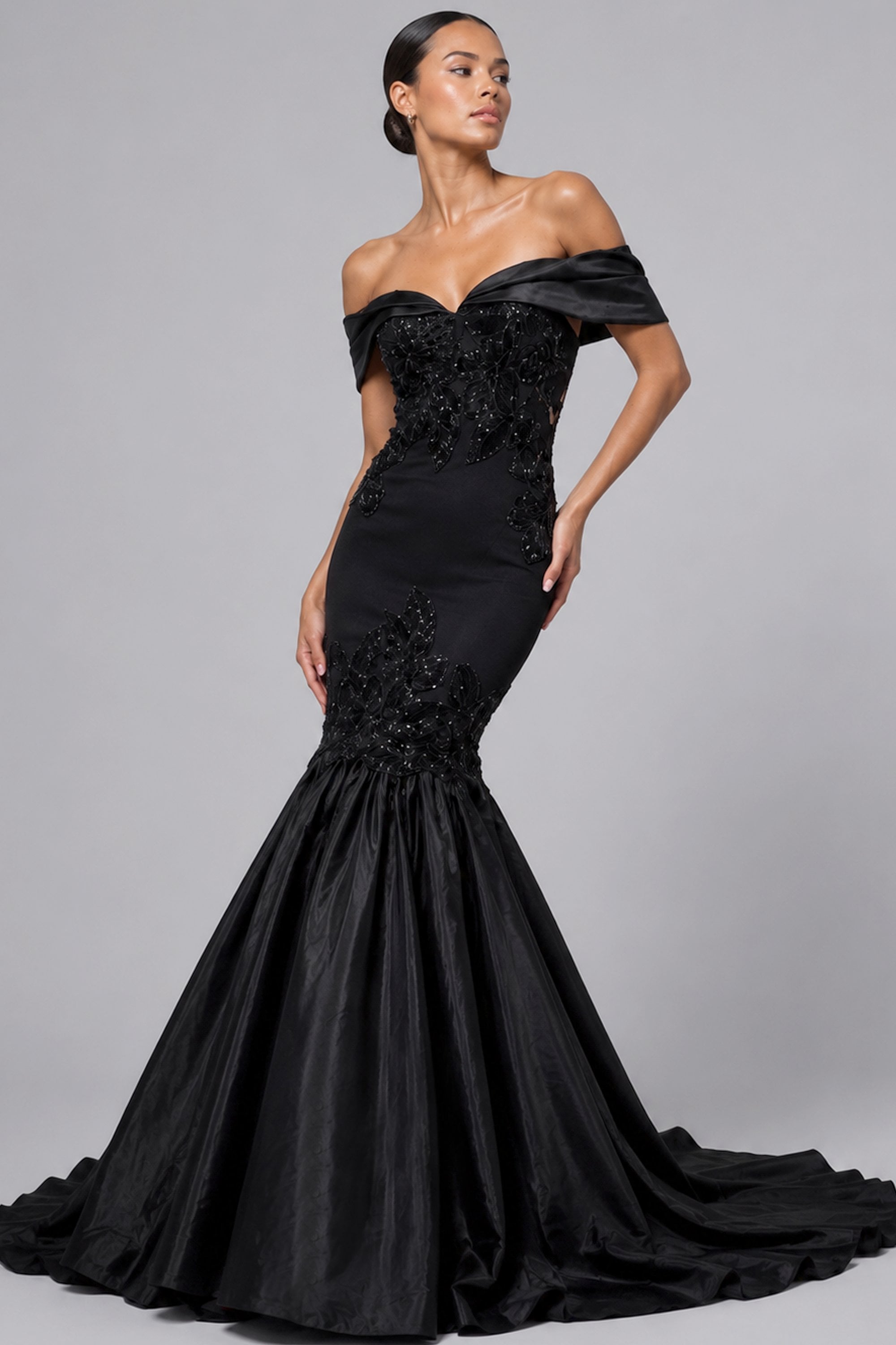 black off shoulder mermaid evening gown side view