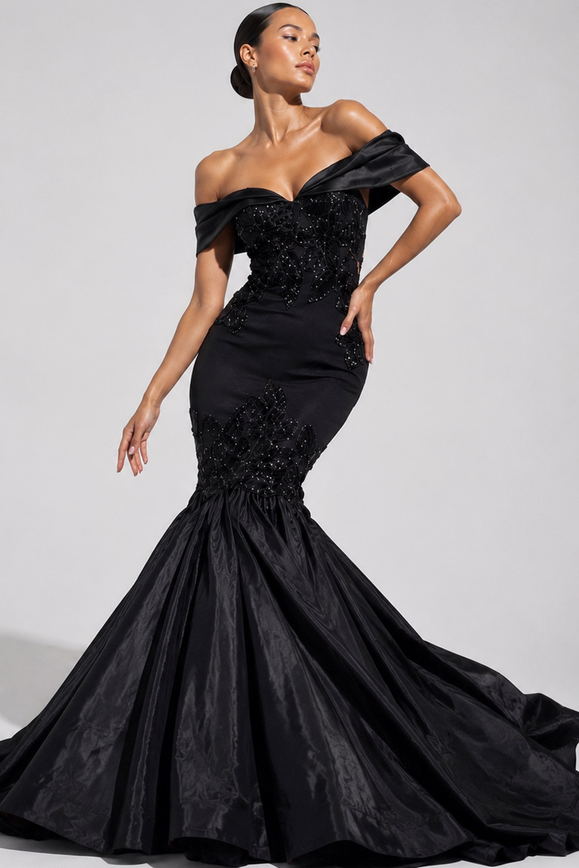 black off shoulder mermaid evening gown additional view