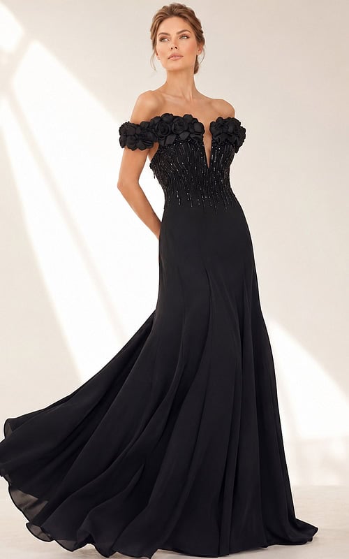 black 3D rose off shoulder evening gown with beaded plunge bodice and flowing chiffon skirt