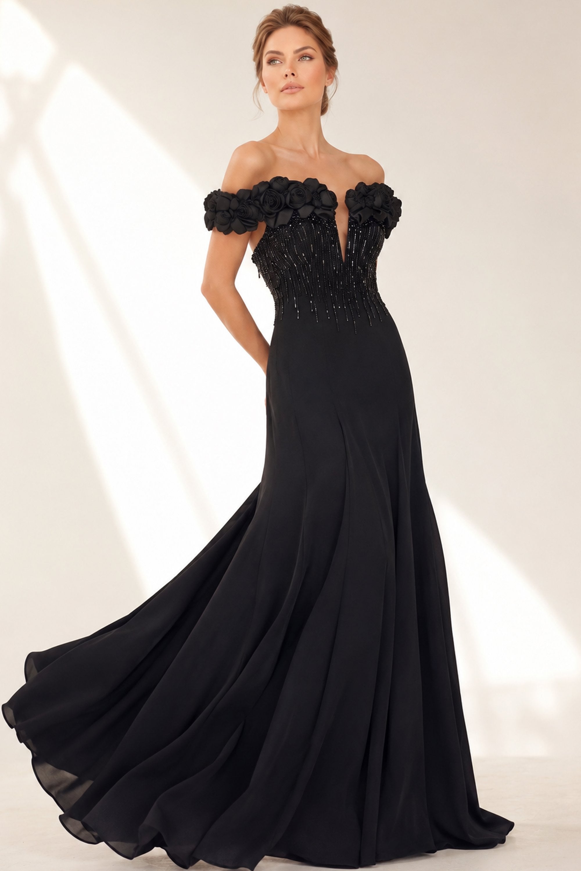 black 3D rose off shoulder evening gown with beaded plunge bodice and flowing chiffon skirt