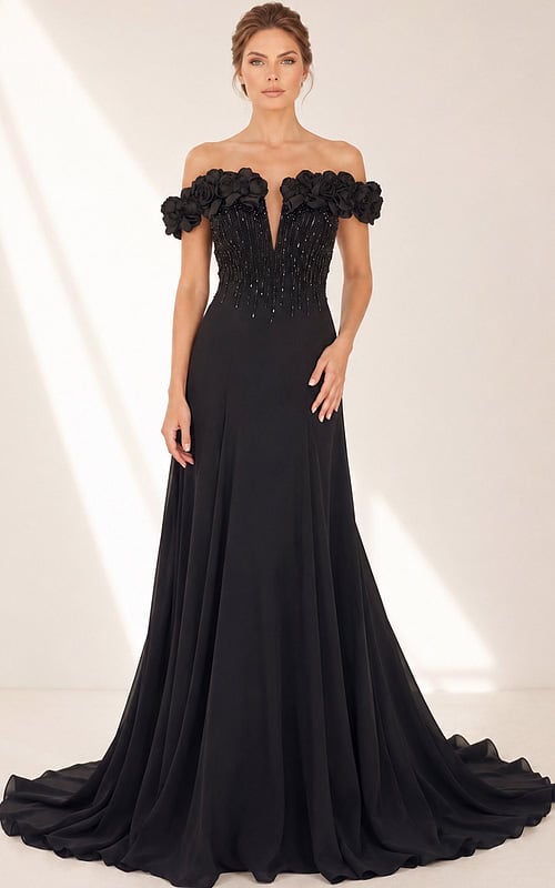black 3D rose off shoulder evening gown detail view