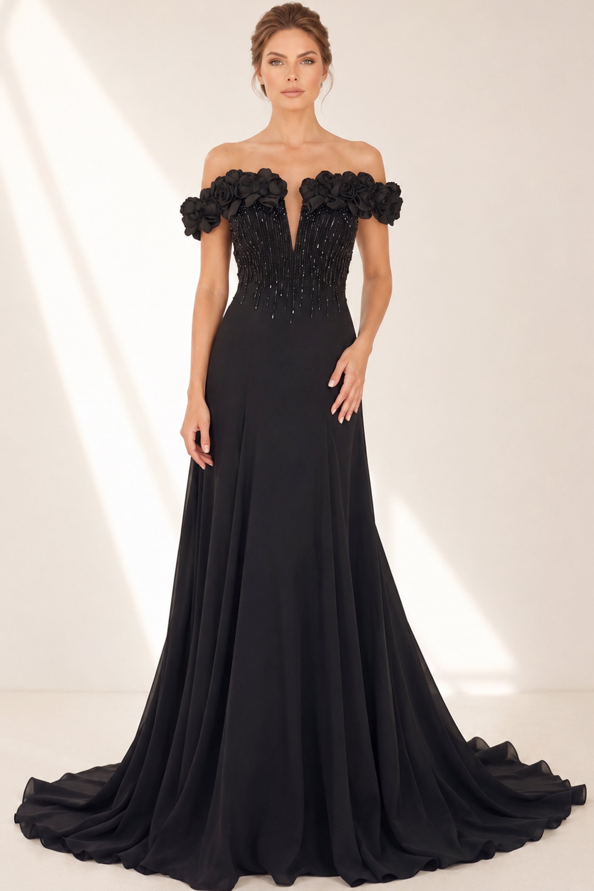 black 3D rose off shoulder evening gown detail view