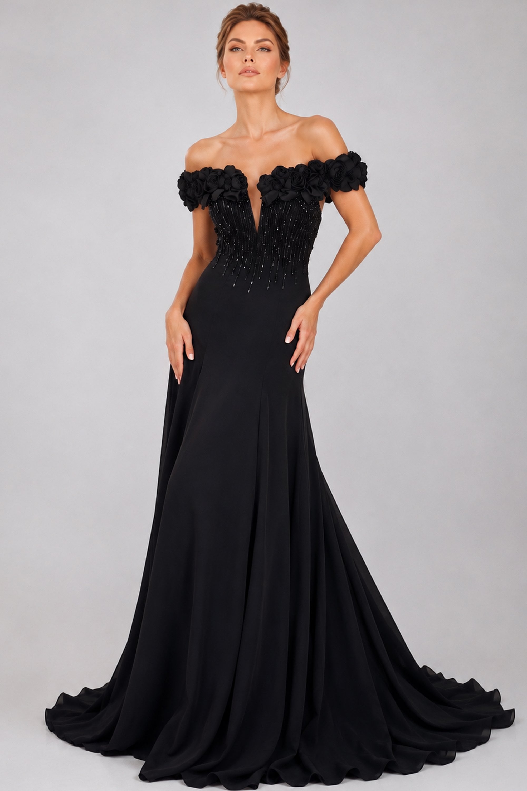 black 3D rose off shoulder evening gown side view with sweeping train