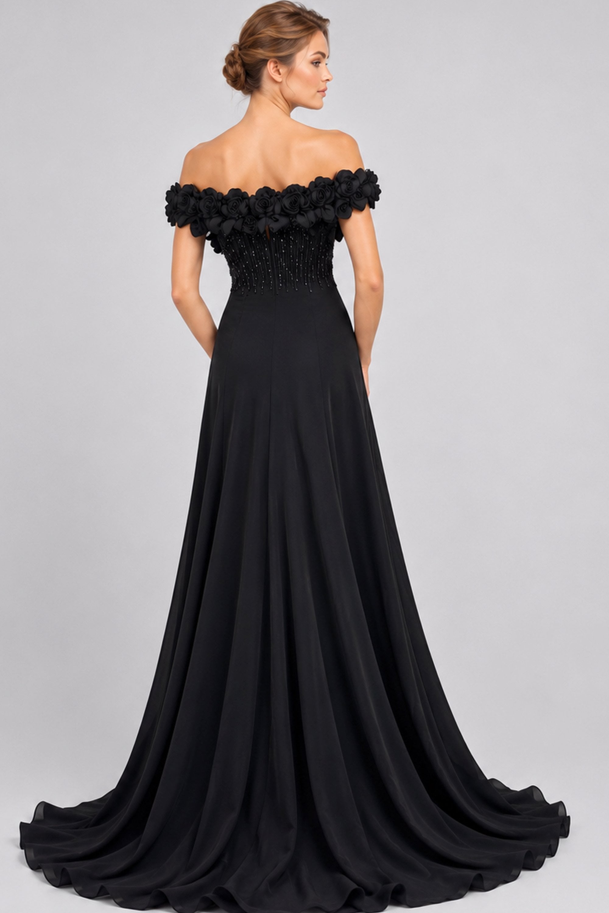 back view of black 3D rose off shoulder evening gown