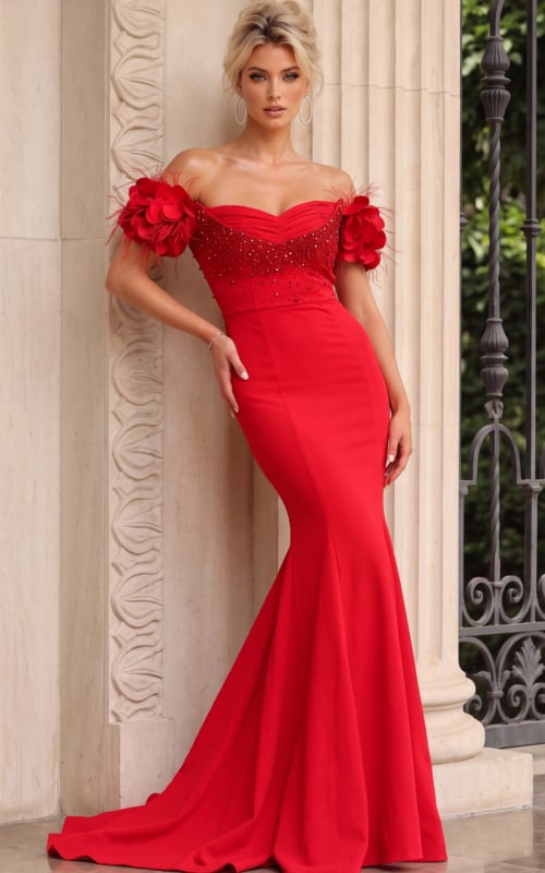 Elegant red formal dress featuring an off-shoulder neckline, feathered floral sleeves, beaded corset bodice, and dramatic floor-length skirt.