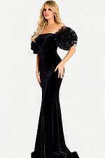 Off the shoulder velvet gown featuring dramatic ruffled tulle puff sleeves and a fitted mermaid silhouette for a glamorous statement look.