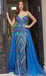 Strapless beaded gown with deep sweetheart neckline, fitted silhouette, high slit, and flowing sheer overskirt shown from the front