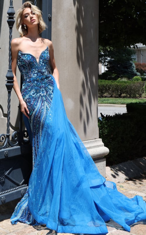 blue v neckline beaded dress