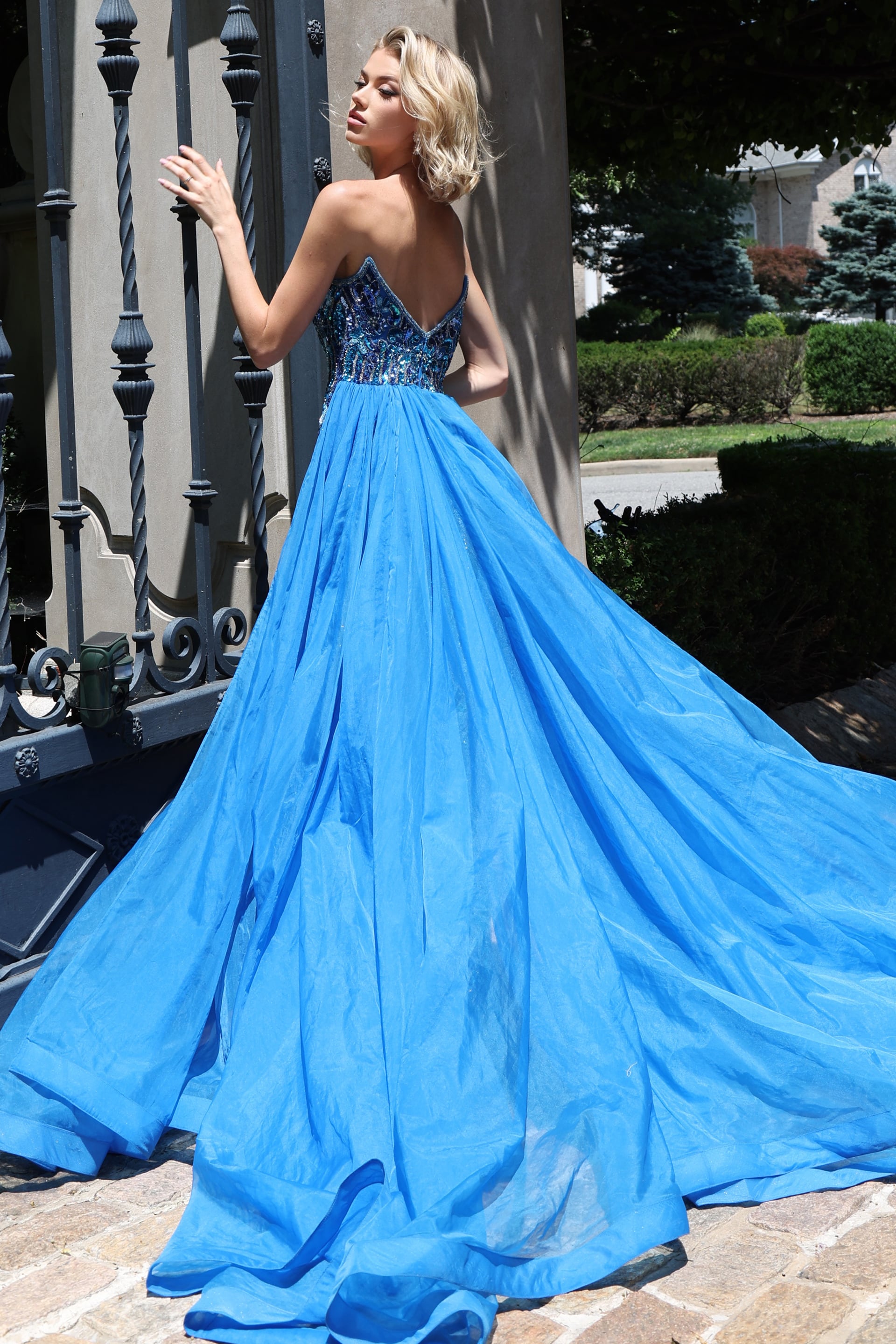 back of beaded blue dress 50222