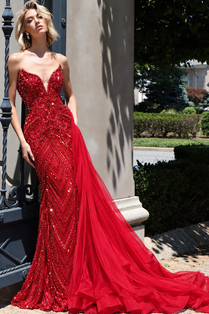 red embellished v neckline dress 50222