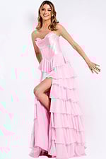 Light pink layered prom gown with cascading ruffles
