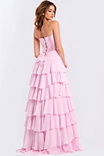 Strapless pink tiered prom dress with lace-up corset back