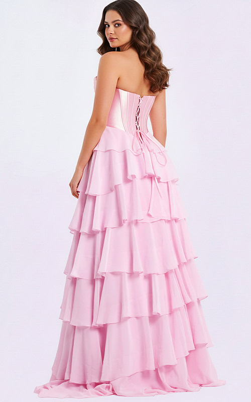 Strapless Pink Ball Gown with Metallic Corset and Ruffle Skirt 50234