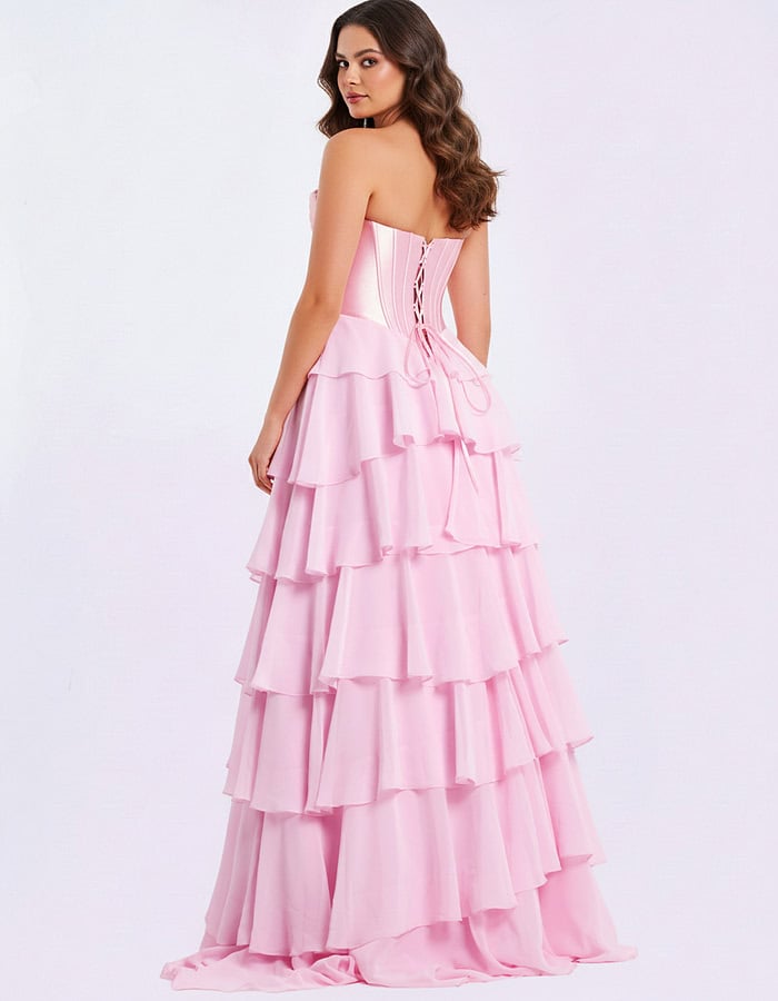 Strapless Pink Ball Gown with Metallic Corset and Ruffle Skirt 50234