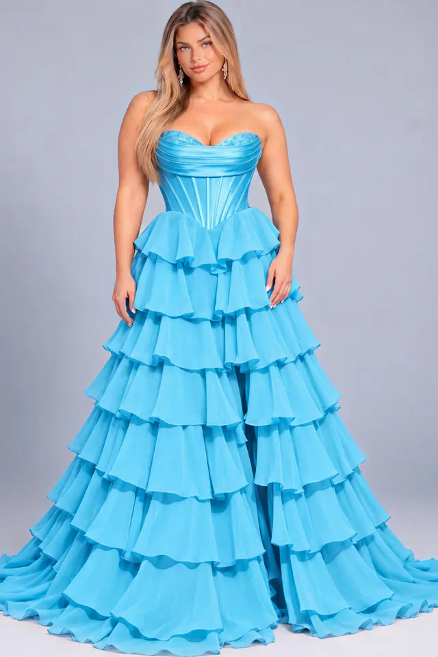 Turquoise tiered ruffle chiffon ball gown, plus size, Jovani style 50234