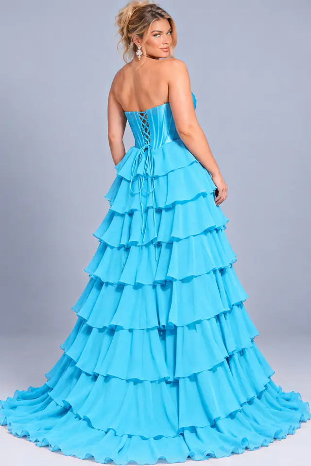 Turquoise tiered ruffle chiffon ball gown with corset bodice, plus size, Jovani style 50234