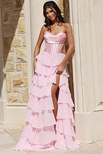 Elegant lace-up back gown with cascading ruffle skirt
