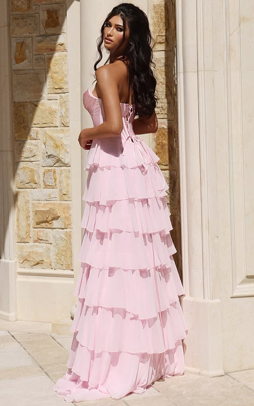 Flowing strapless gown with structured satin bodice and tiered layers